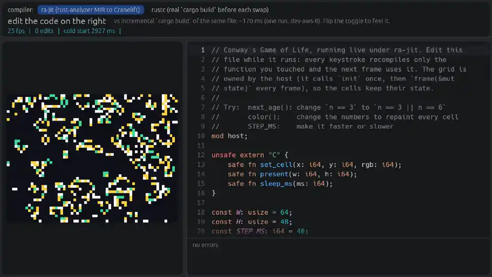 Editing the running Game of Life: rule, colours and speed change live